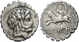 Roman Republic. 
L. Volteius L.f. Strabo. Denarius serratus 81, AR 3.85 g. Laureate head of Jupiter r.; behind, A. Rev. Europa seated on bull chargin...