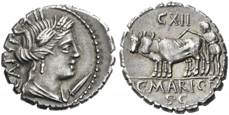 Roman Republic. 
C. Marius C.f. Capito. Denarius serratus 81, AR 3.68 g. Draped...