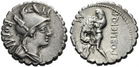 Roman Republic. 
C. Poblicius Q. f. Denarius serratus, Roma 80, AR 4.06 g. Helmeted and draped bust of Roma r., wearing Phrygian helmet; behind, ROMA...