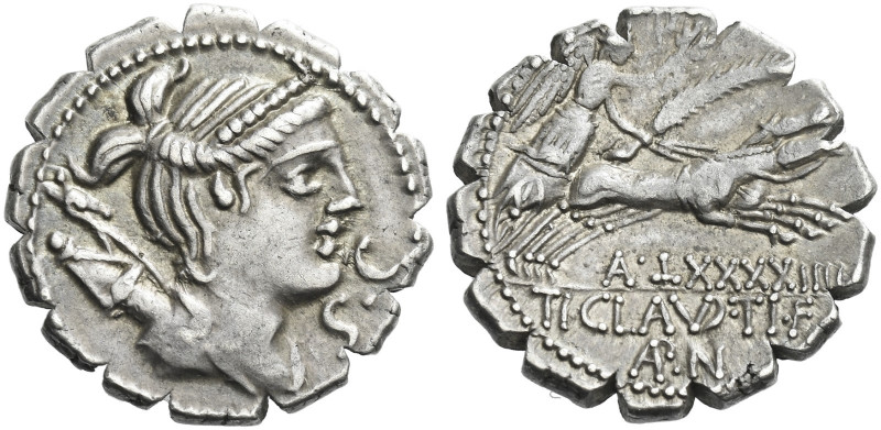 Roman Republic. 
T. Claudius Nero. Denarius serratus 79, AR 3.97 g. Draped bust...