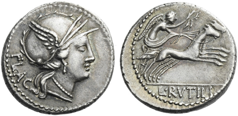 Roman Republic. 
L. Rutilius Flaccus. Denarius 77, AR 3.84 g. FLAC Helmeted hea...