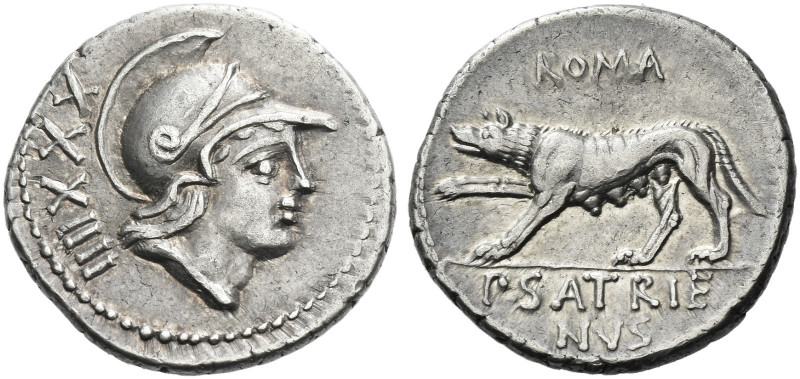 Roman Republic. 
P. Satrienus. Denarius 77, AR 3.86 g. Helmeted head of Roma r....