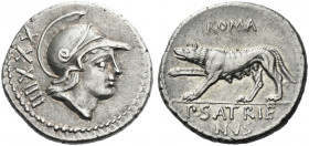 Roman Republic. 
P. Satrienus. Denarius 77, AR 3.86 g. Helmeted head of Roma r.; behind, XXXIIII. Rev. ROMA She wolf l., r. forepaw raised; in exergu...