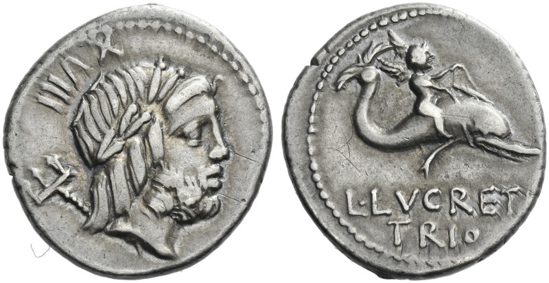 Roman Republic. 
L. Lucretius Trio. Denarius 76, AR 3.76 g. Laureate head of Ne...