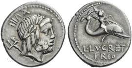 Roman Republic. 
L. Lucretius Trio. Denarius 76, AR 3.76 g. Laureate head of Neptune r.; behind, trident and XVIII. Rev. Winged boy on dolphin speedi...