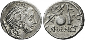 Roman Republic. 
Cn. Cornelius Lentulus. Denarius, Spain (?) 76-75, AR 3.87 g. Draped bust of the Genius Populi Romani r., hair tied with band and sc...