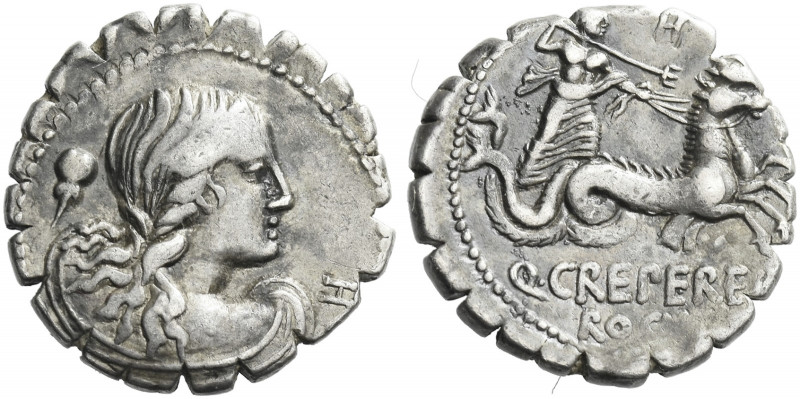 Roman Republic. 
Q. Creperius. Denarius serratus 72, AR 3.85 g. Draped bust of ...