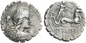 Roman Republic. 
Q. Creperius. Denarius serratus 72, AR 3.85 g. Draped bust of Amphitrite seen from behind, with head turned r.; behind, squid. In r....