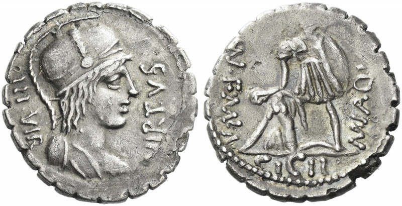Roman Republic. 
Mn. Aquillius. Denarius serratus 71, AR 3.41 g. VIRTVS – III V...