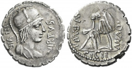 Roman Republic. 
Mn. Aquillius. Denarius serratus 71, AR 3.41 g. VIRTVS – III VIR Helmeted and draped bust of Virtus r. Rev. MN AQV[IL] – MN·F MN·N W...