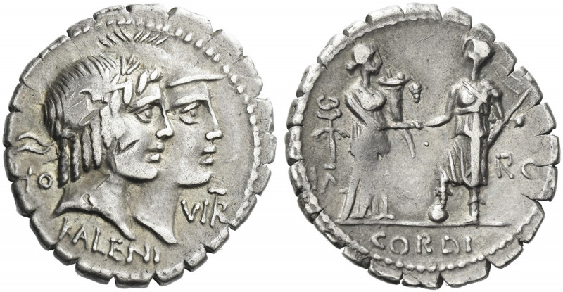 Roman Republic. 
Q. Fufius Calenus and Mucius Cordus. Denarius serratus 70, AR ...
