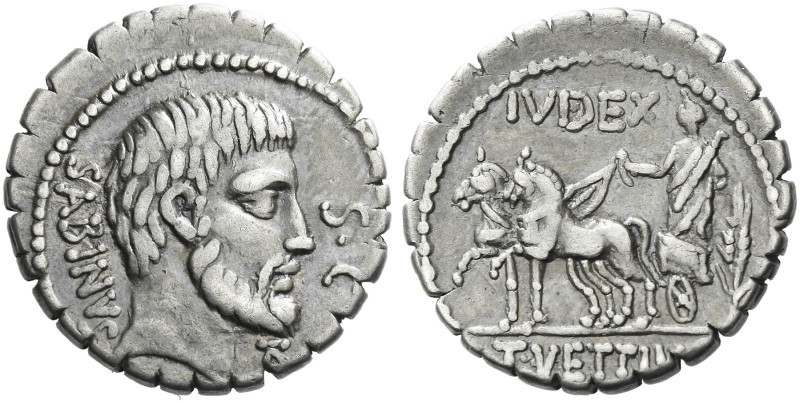 Roman Republic. 
T. Vettius Sabinus. Denarius serratus 70, AR 3.96 g. Bearded h...