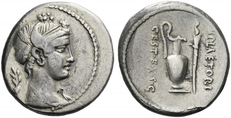 Roman Republic. 
M. Plaetorius M. f. Cestianus. Denarius 69, AR 3.75 g. Draped ...