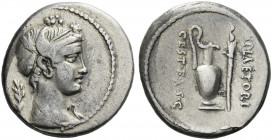 Roman Republic. 
M. Plaetorius M. f. Cestianus. Denarius 69, AR 3.75 g. Draped female bust r., hair decorated with poppy-heads; behind, branch. Rev. ...