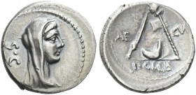 Roman Republic. 
P. Sulpicius Galba. Denarius 69, AR 4.06 g. Veiled and diademed head of Vesta r.; behind, S·C. Rev. AE – CVR Knife, culullus and axe...
