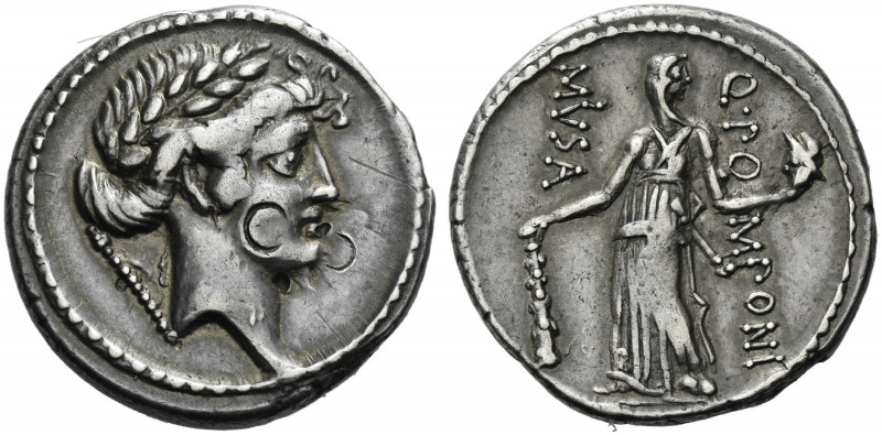 Roman Republic. 
Q. Pomponius Musa. Denarius 66, AR 3.53 g. Laureate head of Ap...