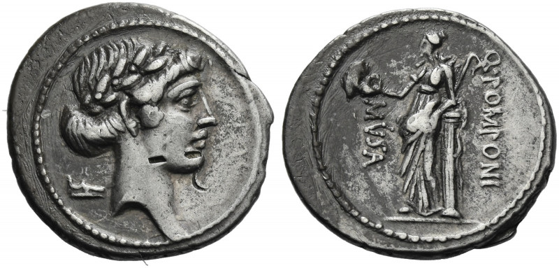Roman Republic. 
Q. Pomponius Musa. Denarius 66, AR 3.63 g. Laureate head of Ap...