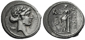 Roman Republic. 
Q. Pomponius Musa. Denarius 66, AR 3.63 g. Laureate head of Apollo r.; behind, sandal. Rev. Q·POMPONI – MVSA Talia standing l. and r...