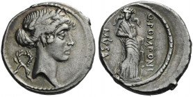 Roman Republic. 
Q. Pomponius Musa. Denarius 66, AR 3.91 g. Laureate head of Apollo r.; behind, wreath. Rev. Q·POMPO NI – MVSA Polyhymnia standing fa...