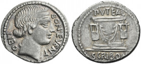 Roman Republic. 
L. Scribonius Libo. Denarius 62, AR 3.95 g. BON EVENT – LIBO Diademed head of Bonus Eventus r. Rev. PVTEAL – SCRIBON Scribonian well...