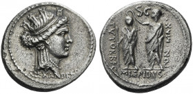 Roman Republic. 
M. Aemilius Lepidus. Denarius 61, AR 3.79 g. Female head r., wearing turreted diadem; below, ALEXANDREA. Rev. PONTMAX· – TVTOR·REG T...
