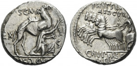 Roman Republic. 
M. Aemilius Scaurus, P. Plautius Hypsaeus. Denarius 58, AR 3.76 g. M·SCAVR / AED CVR Kneeling figure r., holding olive branch and re...