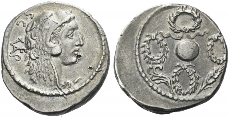 Roman Republic.
Faustus Cornelius Sulla. Denarius 56, AR 3.98 g. Head of Hercul...