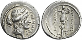 Roman Republic.
C. Memmius C. f. Denarius 56, AR 3.98 g. C·MEMMI·C·F Head of Ceres r., wearing barley wreath. Rev. C·MEMMIVS – IMPERATOR Trophy; in t...
