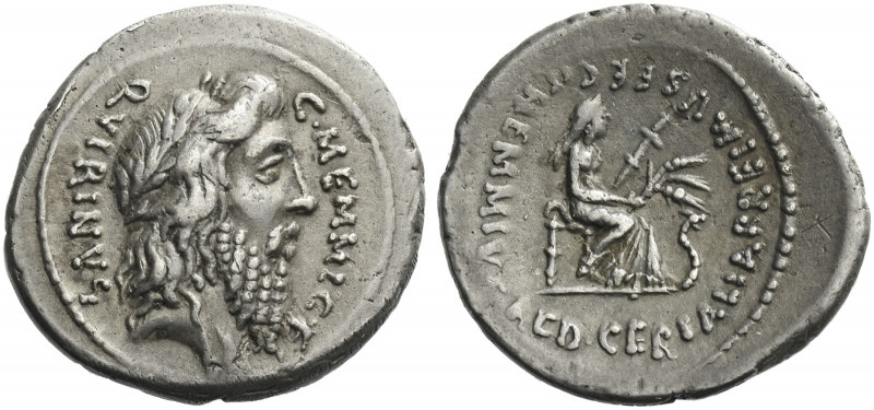 Roman Republic. 
C. Memmius C. f. Denarius 56, AR 3.71 g. C·MEMMI·C·F· – QVIRIN...
