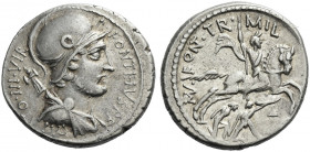 Roman Republic. 
P. Fonteius P.f. Capito. Denarius 55, AR 3.71 g. P. FONTEIVS PF CAPITO III VIR Helmeted and draped bust of Mars r., with trophy over...