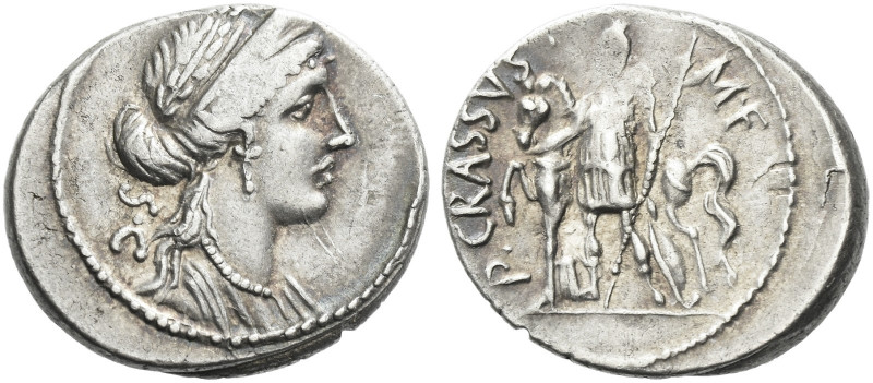 Roman Republic. 
P. Licinius Crassus. Denarius 55, AR 4.19 g. Laureate, diademe...