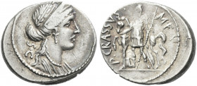 Roman Republic. 
P. Licinius Crassus. Denarius 55, AR 4.19 g. Laureate, diademed and draped bust of Venus r.; behind, S·C. Rev. P·CRASSVS· – M·F. Fem...