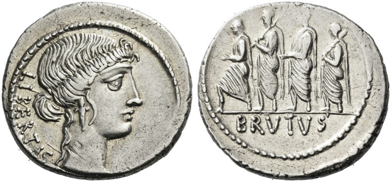 Roman Republic. 
M. Iunius Brutus. Denarius 54, AR 3.83 g. LIBERTAS Head of Lib...