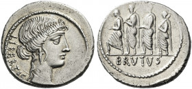 Roman Republic. 
M. Iunius Brutus. Denarius 54, AR 3.83 g. LIBERTAS Head of Libertas r. Rev. The consul L. Iunius Brutus walking l. between two lecto...