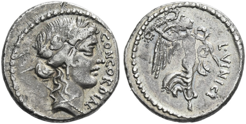 Roman Republic. 
M. Vinicius. Denarius 52, AR 3.96 g. CONCORDIAE Laureate head ...