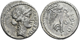 Roman Republic. 
M. Vinicius. Denarius 52, AR 3.96 g. CONCORDIAE Laureate head of Concordia r. Rev. L·VINICI Victory walking r., carrying palm branch...