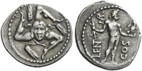 Roman Republic. 
L. Cornelius Lentulus and C. Claudius Marcellus. Denarius, Apollonia and Asia 49, AR 3.80 g. Trisceles with winged head of Medusa in...