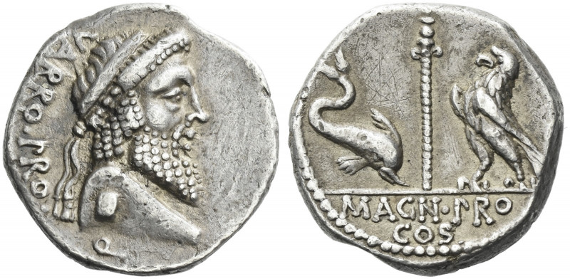 Roman Republic. 
Cn. Pompeius Magnus and Terentius Varro. Denarius, mint moving...