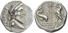 Roman Republic. 
Cn. Pompeius Magnus and Terentius Varro. Denarius, mint moving with Pompey 49, AR 3.93 g. VARRO·PRO – Q Terminal bust of Jupiter r.,...