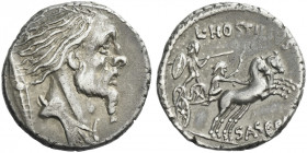 Roman Republic. 
L. Hostilius Saserna. Denarius 48, AR 3.88 g. Bearded male head r.; behind, Gallic shield. Rev. L·HOSTILIVS Naked Gallic warrior fac...