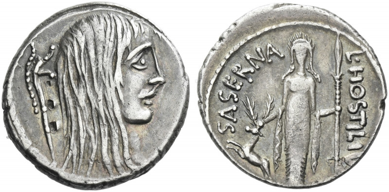 Roman Republic. 
L. Hostilius Saserna. Denarius 48, AR 3.94 g. Female head r. w...