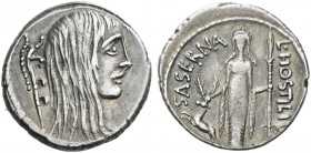 Roman Republic. 
L. Hostilius Saserna. Denarius 48, AR 3.94 g. Female head r. with long hair; behind, carnyx. Rev. L·HOSTILIVS – SASERNA Artemis stan...