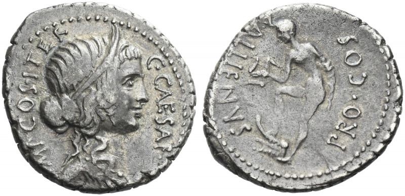 Roman Republic. 
C. Iulius Caesar and A. Allienus. Denarius, Sicily 47, AR 3.64...