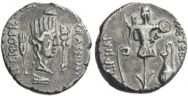 Roman Republic. 
Q. Caecilius Metellus Pius Scipio and P. Licinius Crassus. Denarius, Africa 47-46, AR 3.72 g. CRASS·IVN – LEG·PRO·PR Turreted female...