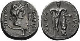 Roman Republic. 
Q. Metellus Scipio and Eppius Legatus. Denarius, Africa 47-46, AR 3.76 g. Q·METELL – SCIPIO·IMP Laureate head of Africa r., wearing ...