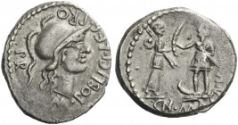Roman Republic. 
Cn. Pompeius Magnus and M. Poblicius. Denarius, Spain 46-45, AR 3.40 g. M·POBLICI·LEG PRO Helmeted head of Roma r.; behind, PR. Rev....