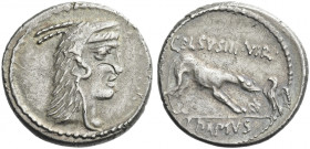 Roman Republic. 
L. Papius Celsius. Denarius 45, AR 3.70 g. Head of Juno Sospita r. Rev. CELSVS·III·VIR Wolf r., placing stick on fire; on r., eagle ...