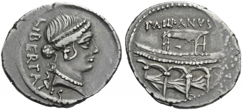 Roman Republic. 
Lollius Palikanus. Denarius 45, AR 3.70 g. LIBERTATIS Diademed...