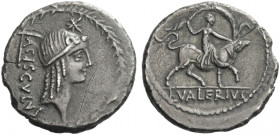 Roman Republic. 
L. Valerius Acisculus. Denarius 45, AR 3.69 g. ACISCVLVS Head of Apollo r., hair tied with band; above, star and behind, acisculus. ...