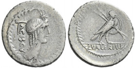 Roman Republic. 
L. Valerius Acisculus. Denarius 45, AR 3.82 g. ACISCVLVS Head of Apollo r., hair tied with band; above, star and behind, acisculus. ...